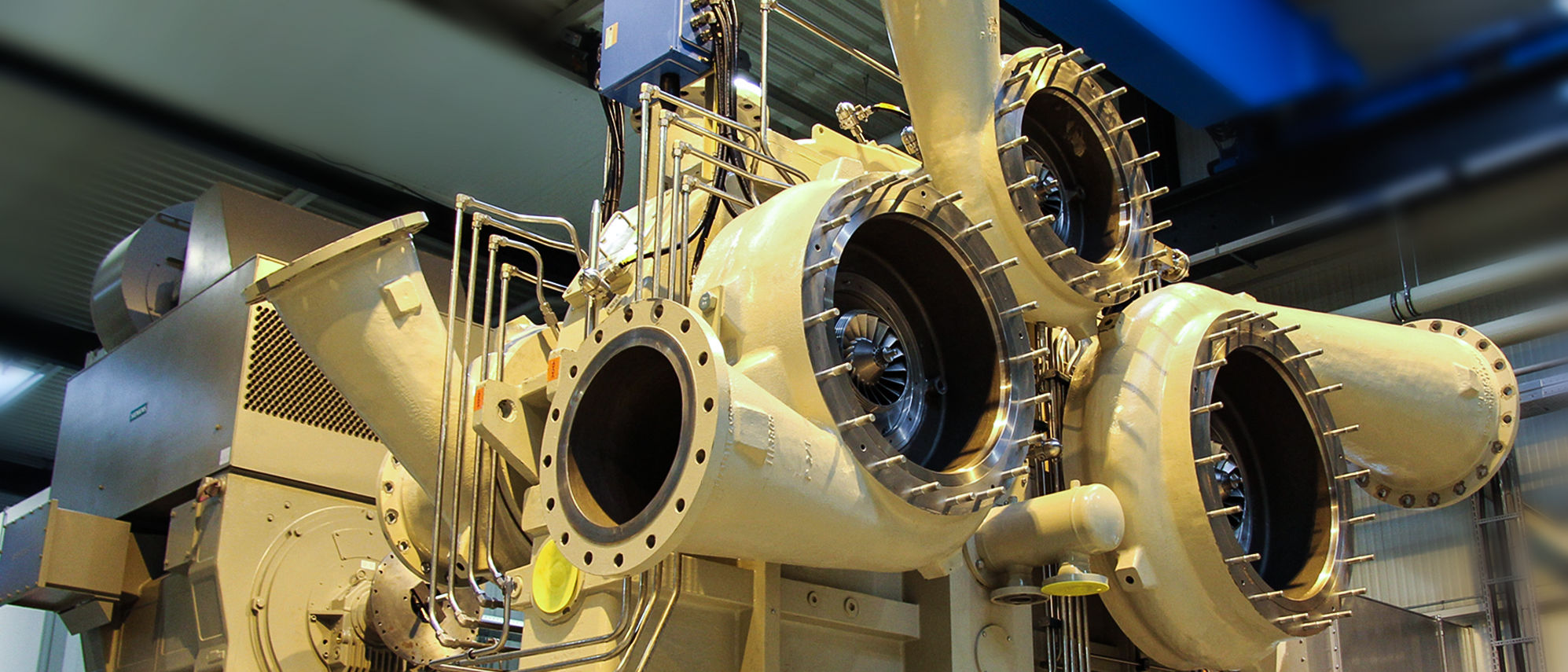 Shown is a section of a white integrally geared centrifugal compressor