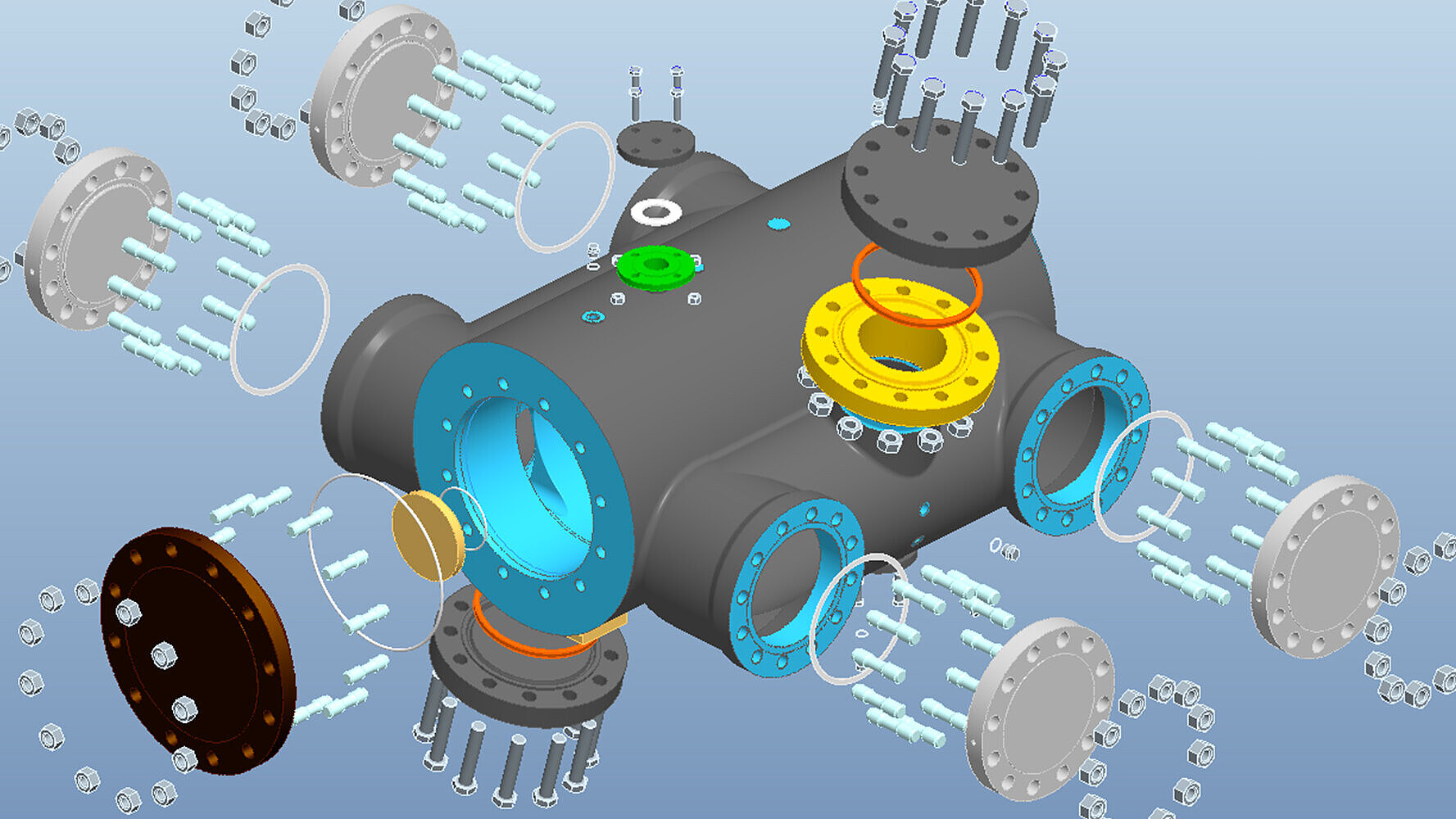 Dargestellt ist eine Explosionsansicht eines Zylinders in einem 3D-Konstruktionsprogramm.